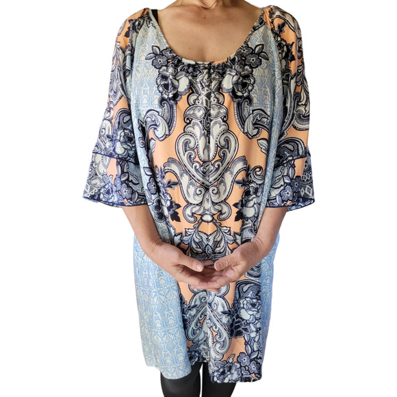 GIBSON LATIMER Boho Cold Shoulder Mumu Dress L Blue Festival Hanky Hem Tunic - Picture 4 of 10